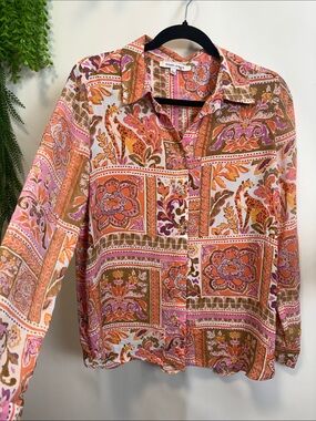 Rose & Olive Pink, Orange and Tan Floral Print Blouse